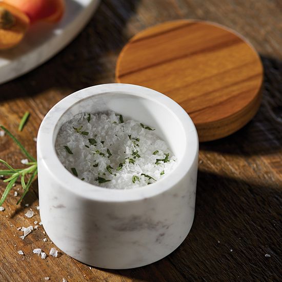  Anolon Pantryware White Marble Salt Cellar With Teakwood Lid