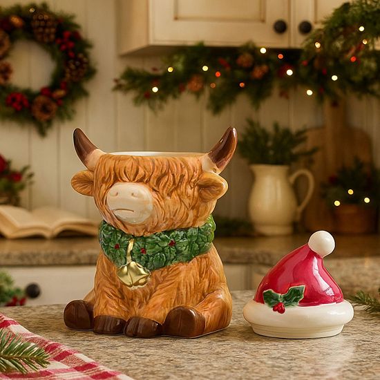  10 Strawberry Street Festive Highland Cow Cookie Jar