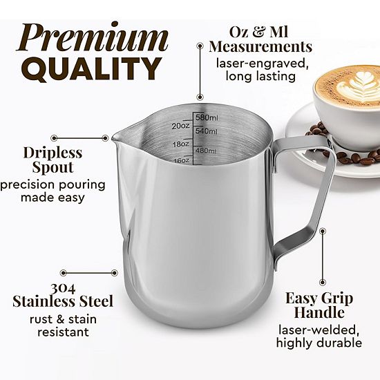  Zulay Kitchen Milk Frothing Pitcher - Stainless Steel With Latte Art Pen - 20oz (600ml)