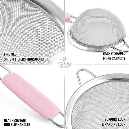  Zulay Kitchen Premium Stainless Steel Fine Mesh Strainer Set With Non-slip Handles (Set Of 3)