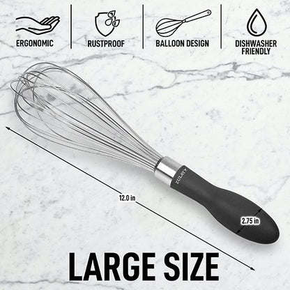  Zulay Kitchen Stainless Steel Balloon Whisk 12 Inch With Non-slip Silicone Handle