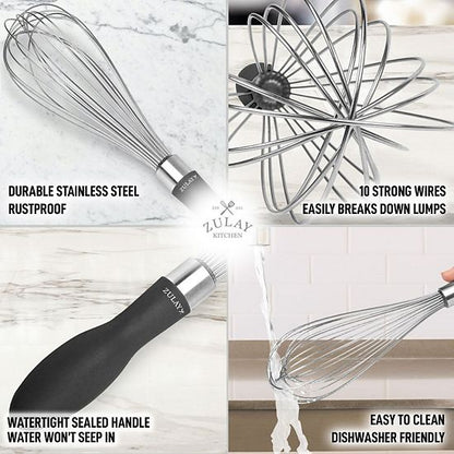  Zulay Kitchen Stainless Steel Balloon Whisk 12 Inch With Non-slip Silicone Handle