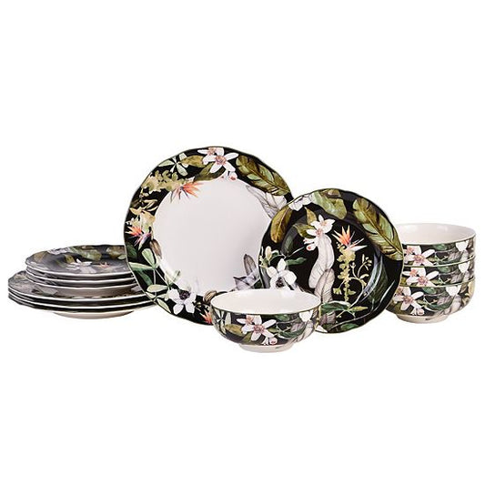  222 Fifth Borneo Black Botanical 12-piece Dinnerware Set