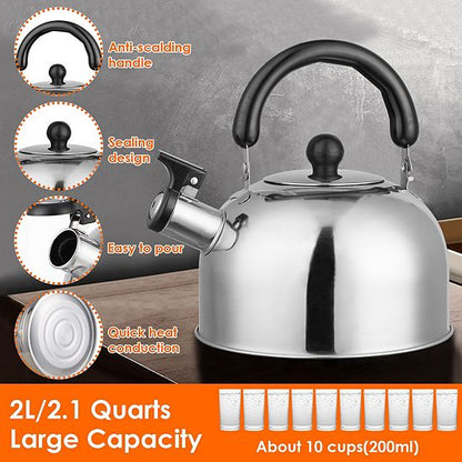  2.1Qt Stainless Steel Whistling Tea Kettle, Stovetop Induction & Gas, Insulated Handle
