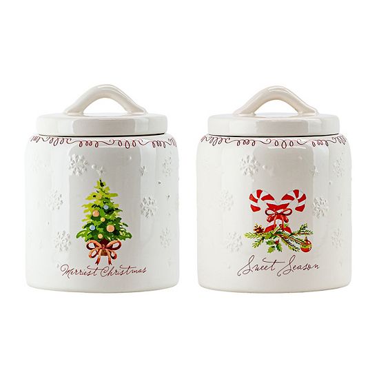  10 Strawberry Street Set Of 2 Ceramic Holiday Canisters With Embossed Details